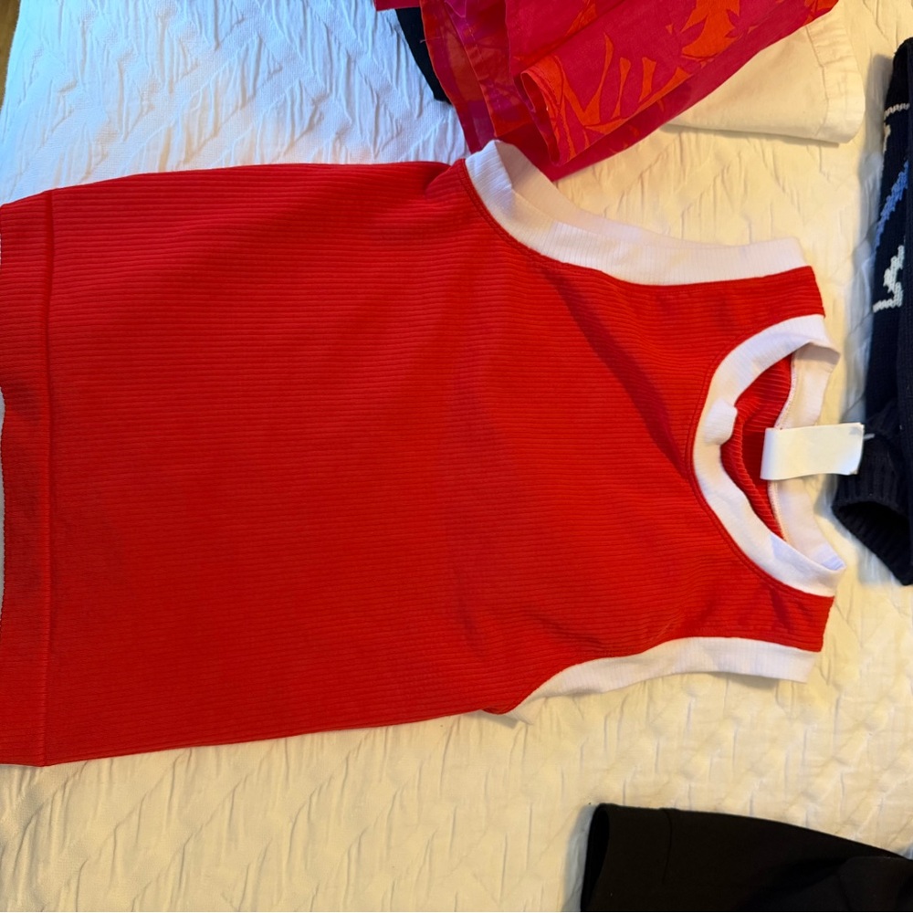 Athleta Red Ribbed Crop Tank with White Trim